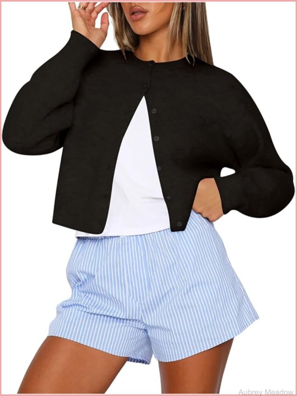 Cropped Cardigan Sweater Crew Neck Long Sleeve Button Up Lightweight Knit Trendy
